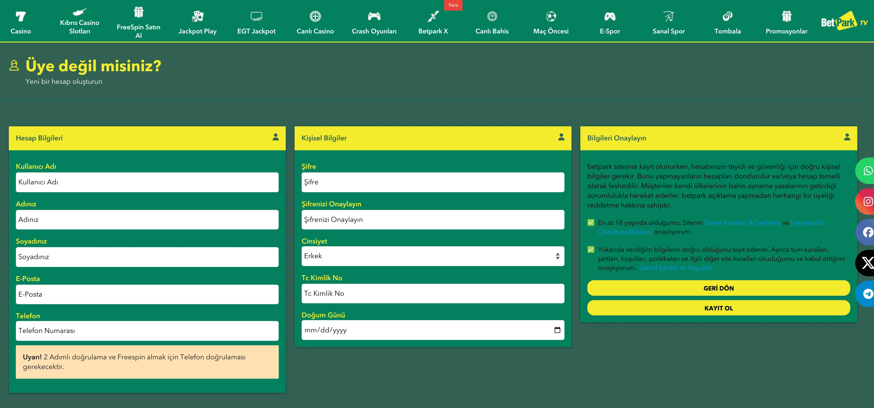 Betpark kayıt ve hesap açma süreci